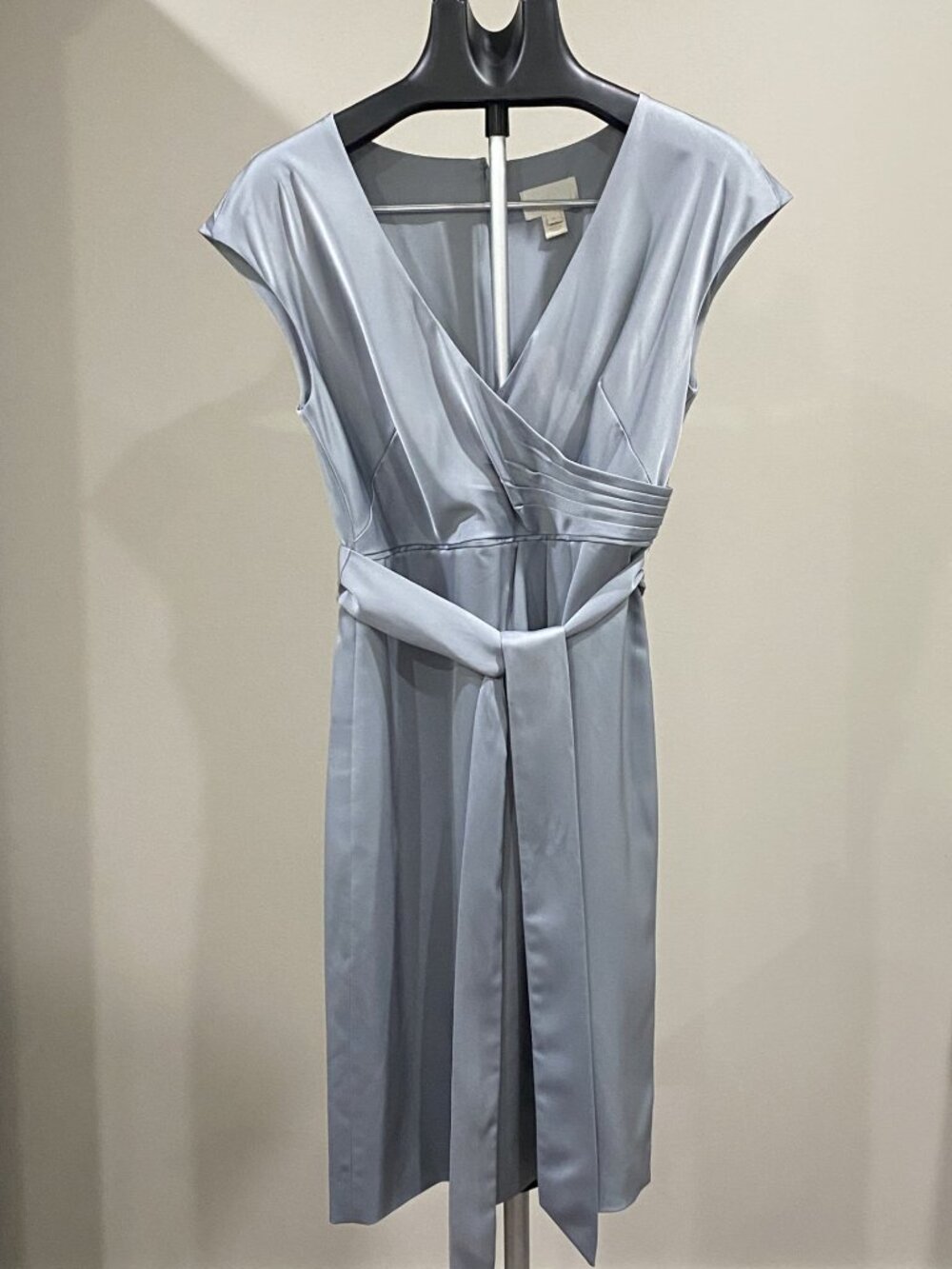 J CREW Silver Satin Faux Wrap Midi Sheath Dress with Sash - Size 8 US